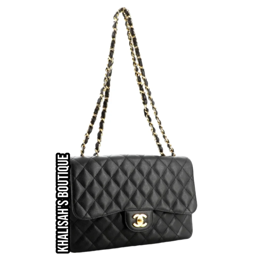 Rare! Chanel CC 24 kt Gold HW Classic Single Flap Bag Quilted BLACK Caviar JUMBO - Picture 3 of 16